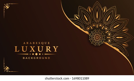 Luxury Mandala Islamic Background with Golden Arabesque Pattern, Ornamental Background . Wedding card, Cover.