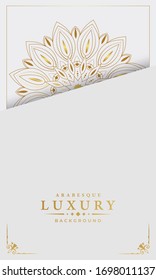 Luxury Mandala Islamic Background with Golden Arabesque Pattern, Ornamental Background . Wedding card, Cover.