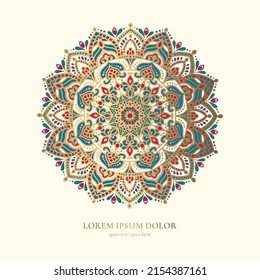 Mandala de lujo en un entorno beige. Plantilla de patrón de vector. Elementos de diseño dorados. Motivos tradicionales turcos e indios. Ideal para tejidos y textiles, papel pintado, embalaje o cualquier idea deseada.
