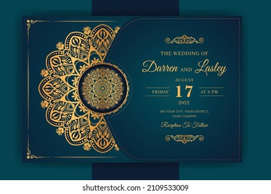 Luxury Mandala Wedding Invitation Card Template With Golden Arabesque Pattern Arabic Islamic East Background Style. Editable Vector File. Decorative Mandala For Print, Poster, Cover, Flyer, Banner.