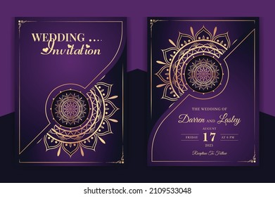 Luxury Mandala Wedding Invitation Card template with golden arabesque pattern Arabic Islamic east background style. Editable vector file. Decorative mandala for print, poster, cover, flyer, banner.