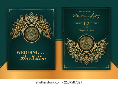 Luxury Mandala Wedding Invitation Card template with golden arabesque pattern Arabic Islamic east background style. Editable vector file. Decorative mandala for print, poster, cover, flyer, banner.