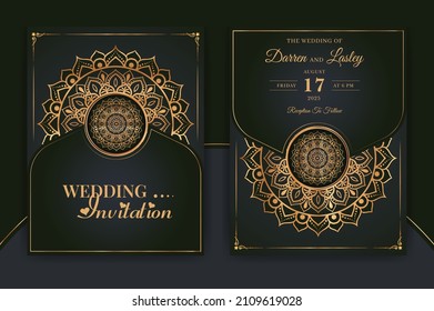 Plantilla de la tarjeta de invitación a la boda Mandala de lujo con un patrón arabesco dorado estilo árabe islámico de fondo. Archivo vectorial editable. Mandala decorativa para imprimir, afiche, portada, volante, pancarta.