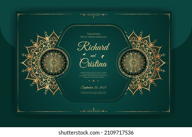 Luxury Mandala Wedding Invitation Card template with golden arabesque pattern Arabic Islamic east background style. Editable vector file. Decorative mandala for print, poster, cover, flyer, banner.