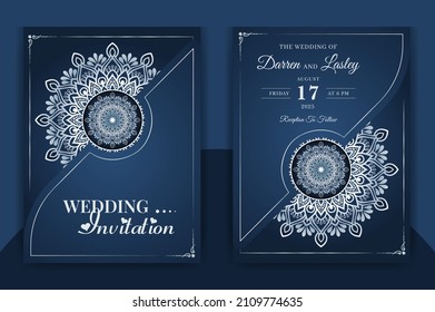 Plantilla de la tarjeta de invitación a la boda Mandala de lujo con un patrón arabesco dorado estilo árabe islámico de fondo. Archivo vectorial editable. Mandala decorativa para imprimir, afiche, portada, volante, pancarta.