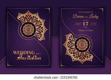 Luxury Mandala Wedding Invitation Card template with golden arabesque pattern Arabic Islamic east background style. Editable vector file. Decorative mandala for print, poster, cover, flyer, banner.