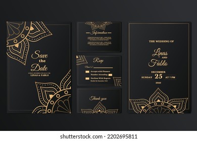 Luxury Mandala Wedding Invitation Card Set template with golden arabesque pattern Arabic Islamic background style. Editable vector file. Decorative mandala for print, poster, cover, flyer, and banner.