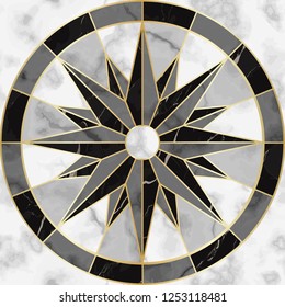 Luxury marble compass sign seamless pattern. Repeat marbling surface with gold geometric elements, modern luxurious background, wallpaper, textile print and tile.