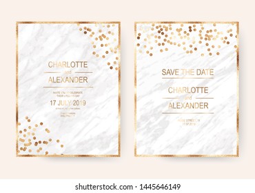 Luxury marble holiday design invitation cards with gold sparkle confetti border.