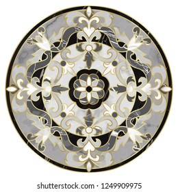 Luxury marble pattern with classic floral medallion. Marbling composition, modern luxurious background, wallpaper, textile print, interior decor and tile.