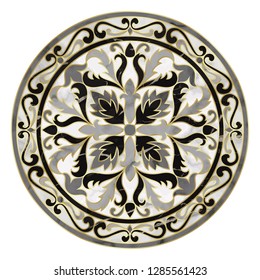 Luxury marble pattern with classic floral medallion. Repeat marbling composition with gold elements, modern luxurious background, wallpaper, textile print and interior tile.