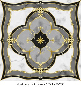 Luxury marble  pattern with classic floral medallion and gold decorative elements. Repeat marbling composition, modern luxurious background, wallpaper, textile print and interior tile.