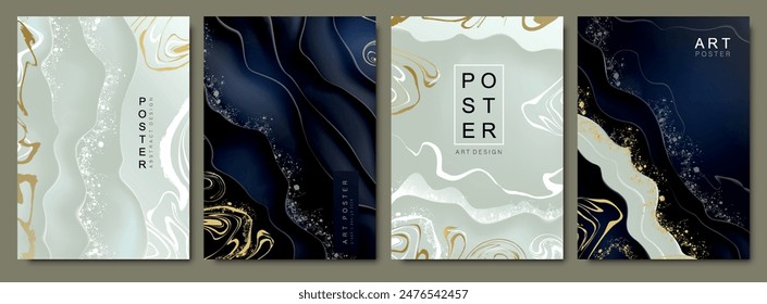 Juego de pósters de mármol de lujo. Anuncios Premium con textura natural, líneas onduladas doradas y salpicaduras líquidas. Elegante portada, invitación. Colección de Ilustración vectorial realista aislada en el fondo