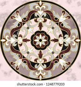 Luxury marble seamless pattern with classic floral medallion. Repeat marbling compasition with gold elements, modern luxurious background, wallpaper, textile print and interior tile.