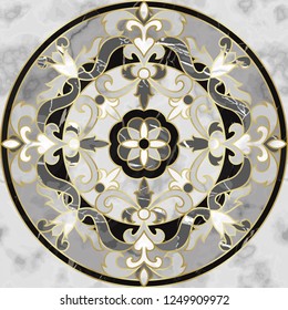 Luxury marble seamless pattern with classic floral medallion. Repeat marbling composition with gold elements, modern luxurious background, wallpaper, textile print and interior tile.