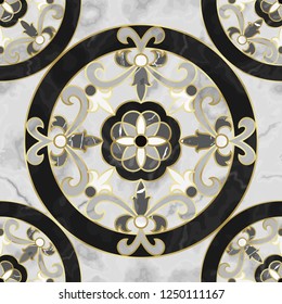 El mármol de lujo combina perfectamente con el clásico medallón floral. Repita la composición de mármol con elementos dorados, fondo lujoso moderno, papel pintado, imprenta textil y baldosas interiores.