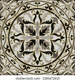 Luxury marble seamless pattern with classic floral medallion. Repeat marbling composition with gold elements, modern luxurious background, wallpaper, textile print and interior tile.