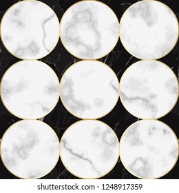 Luxury marble seamless pattern with gold elements. Repeat round marbling surface, modern luxurious background, wallpaper, textile print and interior tile.