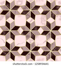 Luxury marble star sign seamless pattern. Repeat marbling surface with gold decor, modern luxurious background, wallpaper, textile print and tile.