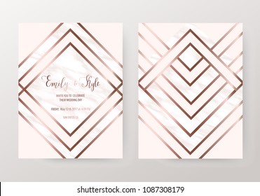 Luxury marble wedding design templates with rose gold geometric shapes.