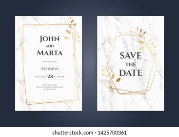 Luxury Marble Wedding invitation cards with rose gold geometric polygonal lines vector design template. eps10