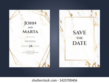 Luxury Marble Wedding invitation cards with rose gold geometric polygonal lines vector design template. eps10