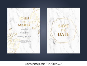 Luxury Marble Wedding invitation cards with gold geometric polygonal lines vector design template. eps10