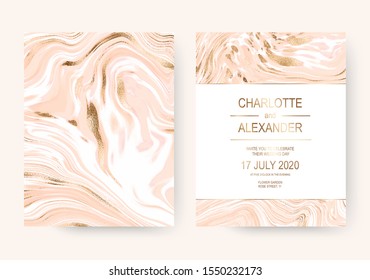 Luxury marble wedding invitation cards with gold foil stripes.