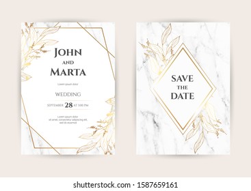 Luxury Marble Wedding invitation cards with gold geometric polygonal lines vector design template. Trendy templates for banner, flyer, poster, greeting. eps10