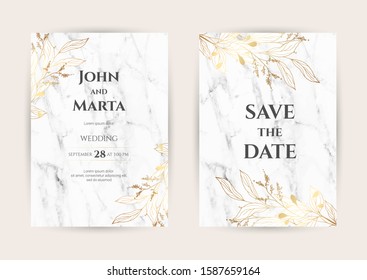 Luxury Marble Wedding invitation cards with gold geometric polygonal lines vector design template. Trendy templates for banner, flyer, poster, greeting. eps10