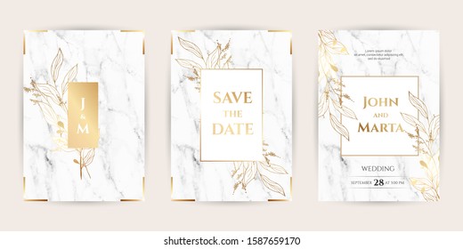Luxury Marble Wedding invitation cards with gold geometric polygonal lines vector design template. Trendy templates for banner, flyer, poster, greeting. eps10
