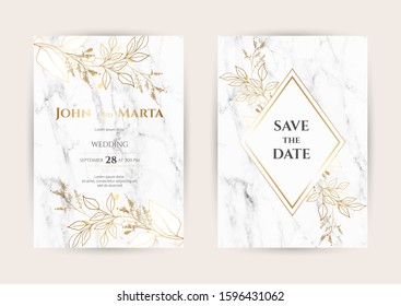 Luxury Marble Wedding invitation cards with gold geometric polygonal lines vector design template. Trendy templates for banner, flyer, poster, greeting. eps10