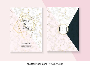 Luxury Marble Wedding Invitation Vector Set. Noble Soft Faded Nice RSVP, Thank You Card, Funky Design or Poster. Marbling Texture, Pink, Grey, White Invitation Card. Graphic Marble Wedding Kit