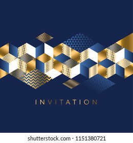 Luxury Marine Geometric Pattern For Invitation. Geometry Stock Vector Illustration. Gold And Sea Blue Colors Design Element For Elegant Festive Projects And Awards.  
