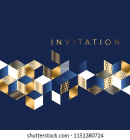 Luxury Marine Geometric Pattern For Invitation. Geometry Stock Vector Illustration. Gold And Sea Blue Colors Design Element For Elegant Festive Projects And Awards.  
