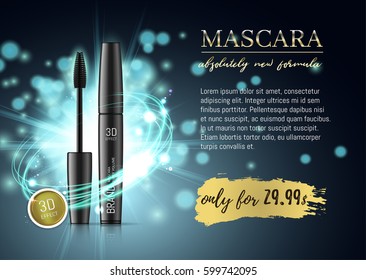 Luxury mascara ads, black and blue package with eyelash applicator brush with mascaras stroke on VIP shine glitter background. Vector 3d realistic illustratrion.