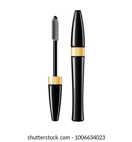 Luxury mascara ads, black and gold package with eyelash applicator brush with mascaras stroke palette isolated on white background. Vector 3d realistic illustratrion.