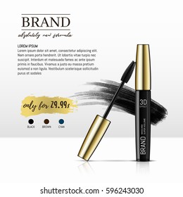 Luxury mascara ads, black and gold package with eyelash applicator brush with mascaras stroke palette isolated on white background. Vector 3d realistic illustratrion.