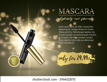 Luxury mascara ads, black and gold package with eyelash applicator brush with mascaras stroke palette on VIP shine glitter background. Vector 3d realistic illustratrion.