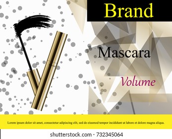 Luxury mascara ads, black and gold package with eyelash applicator brush with mascaras stroke palette on VIP shine glitter background. Vector 3d realistic illustratrion.