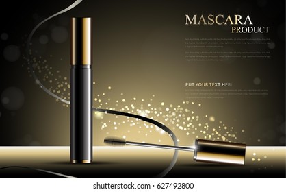 Luxury mascara ads, black and golden package with streamline background illustration vector design.