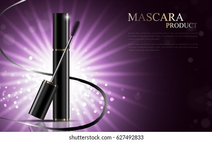 Luxury mascara ads, black and golden package with streamline background illustration vector design.