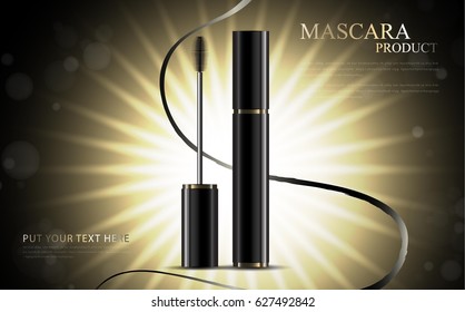 Luxury mascara ads, black and golden package with streamline background illustration vector design.