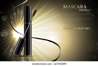 Luxury mascara ads, black and golden package with streamline background illustration vector design.