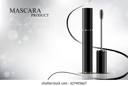 Luxury mascara ads, black and golden package with streamline background illustration vector design.
