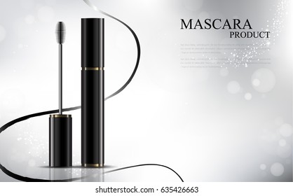 Luxury mascara ads, black and golden package with streamline background illustration vector design.