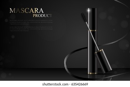 Luxury mascara ads, black and golden package with streamline background illustration vector design.