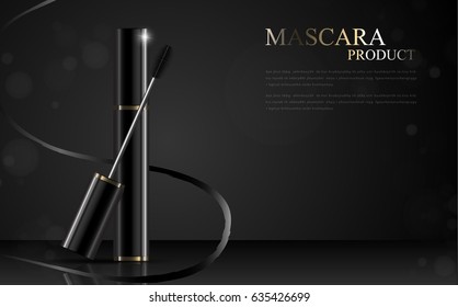 Luxury mascara ads, black and golden package with streamline background illustration vector design.