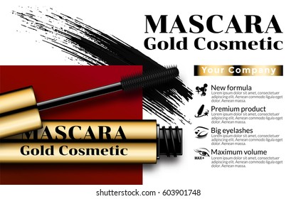 Luxury mascara ads gold package with eyelash applicator brush mascaras VIP background. Package Design Promotion Product. Cosmetics Advertising Banner Billboard Poster Catalog. 3D Vector Illustration.