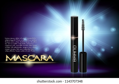 Luxury mascara ads,Realistic vector cosmetic objects, black and gold package with eyelash applicator brush with mascaras 